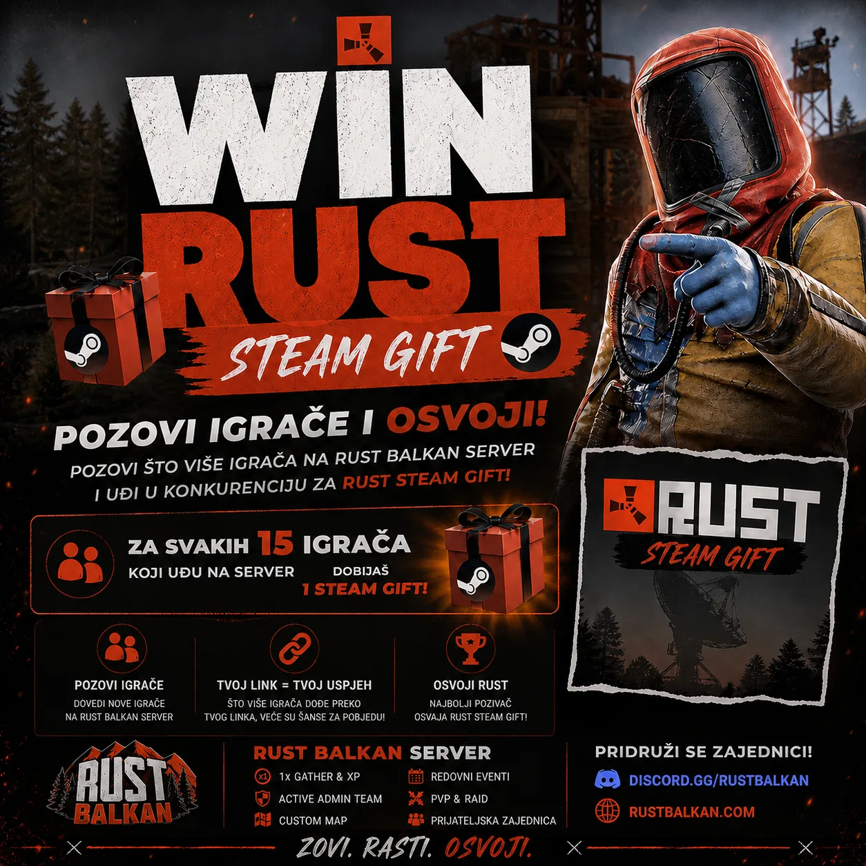 WIN RUST Steam Gift — Pozovi igrače na Rust Balkan i osvoji